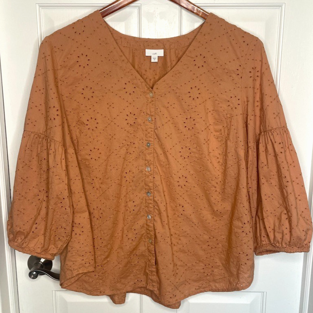 J Jill Women's Eyelet Embroidered V-Neck Button Up Blouse Sz 3X Cotton Boho